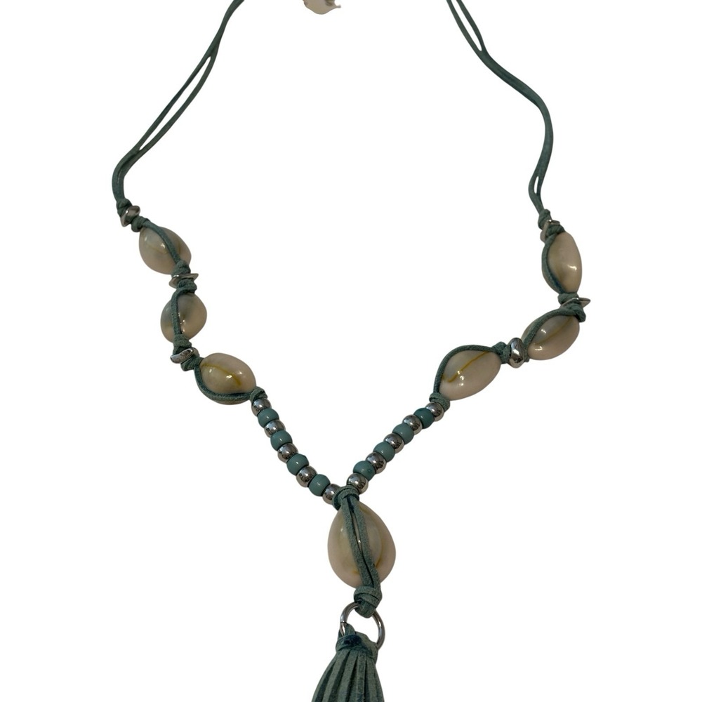 Erica Lyons Shell Necklace Green Corded Tassel Pendent Braided Boho Beach Resort